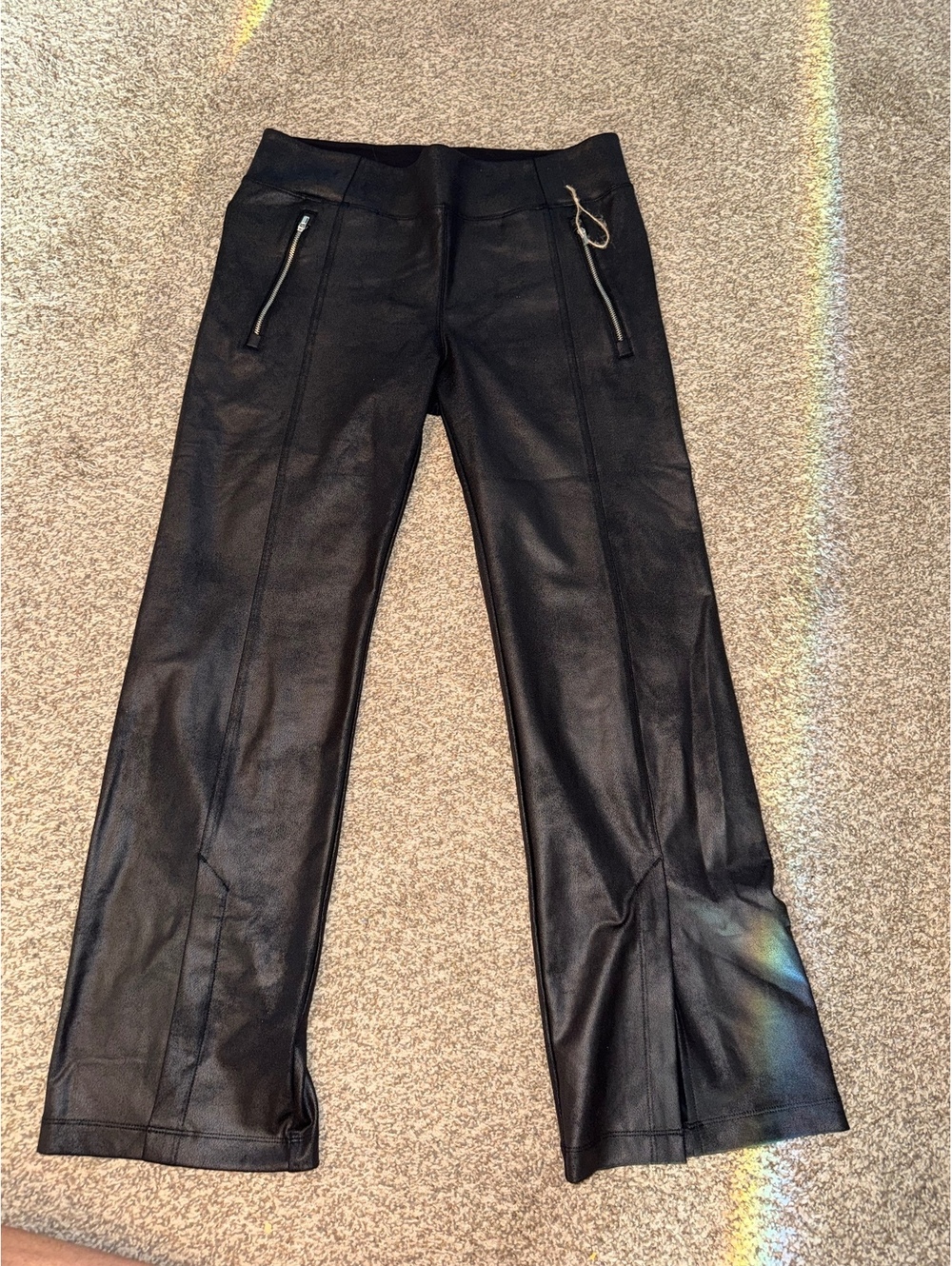 Athleta Delancey Gleam Straight Leg Pants Large Black Coated Zip Pocket